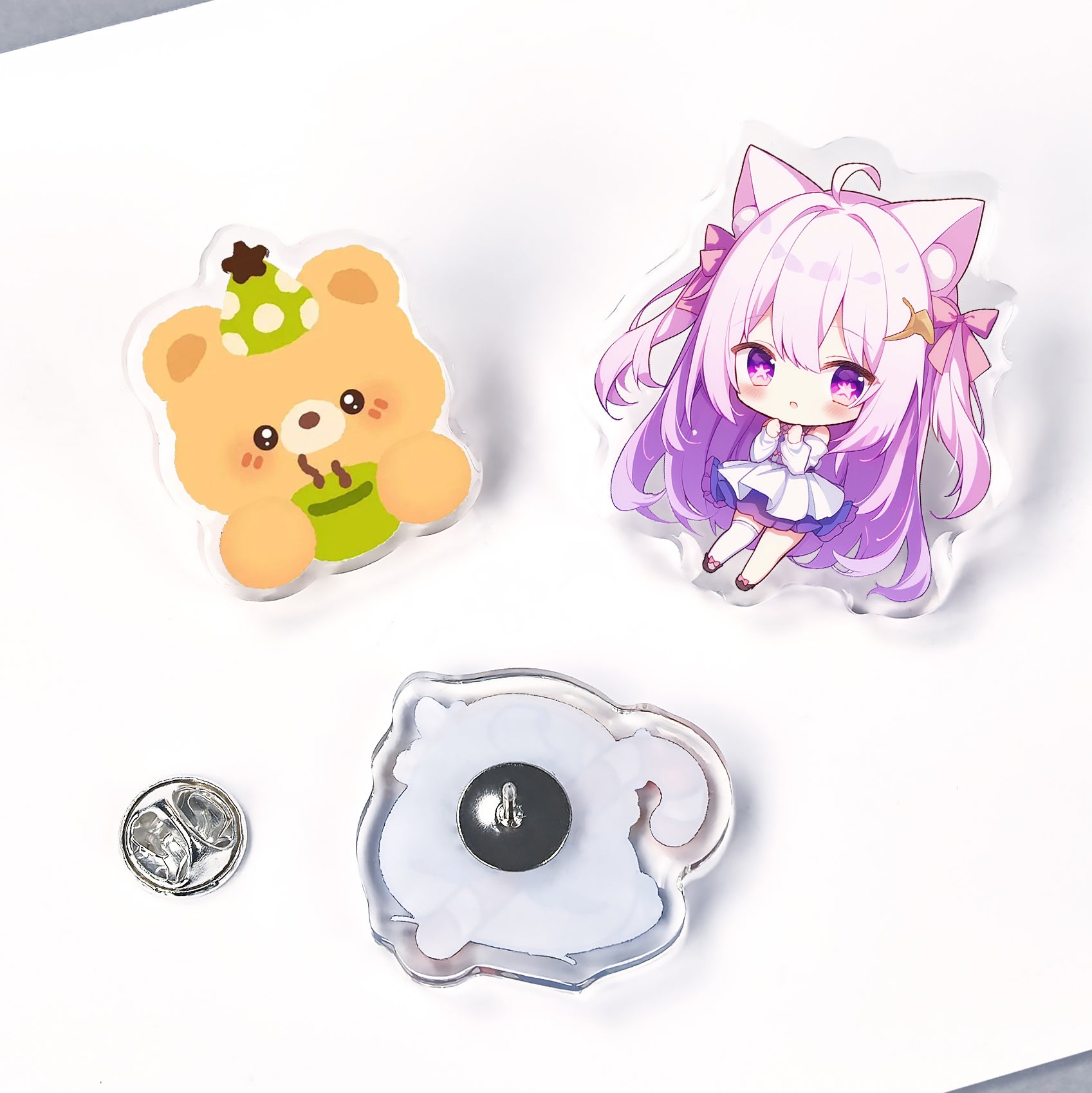 Customizable clear acrylic pins—vibrant, durable, and fully personalized for your brand, events, or collectibles