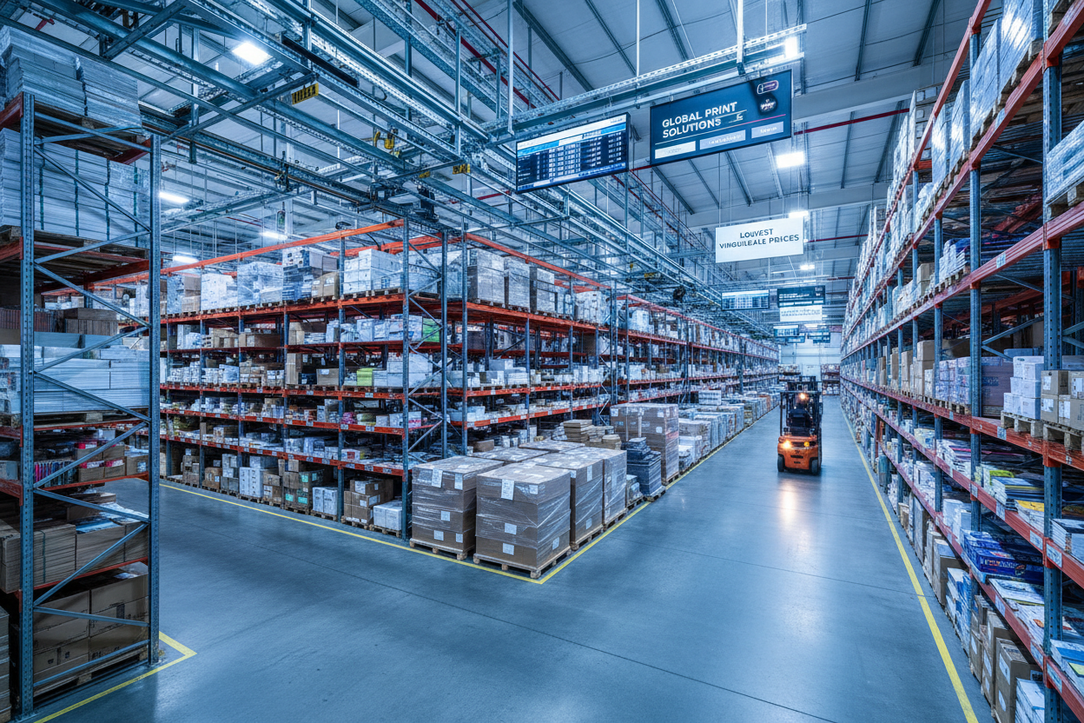 展现工厂级的库存场景的印刷厂震撼图像，展示库存巨大，价格批发最低