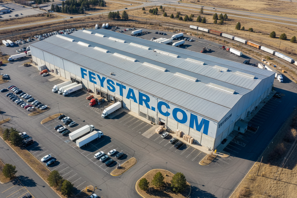一个巨大的独体工厂远景照片，工厂的墙上写着feystar.com的巨大印刷字。是一个印刷厂，真实可信的自然场景